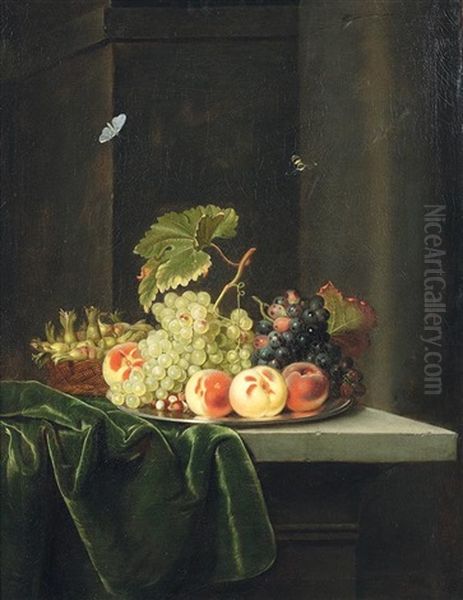 Nature Morte Au Raisin, Peches, Et Noisettes Sur Un Entablement De Pierre Oil Painting by Jacob Samuel Beck