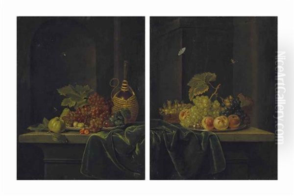 Nature Morte Aux Raisins Et A La Fiasque De Vin; Et Nature Morte Aux Raisins, Peches Et Noisettes by Jacob Samuel Beck