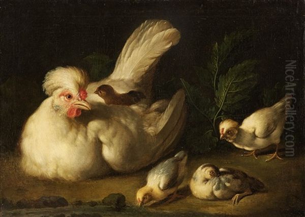 Hen With Chicks Oil Painting by Jacob Samuel Beck