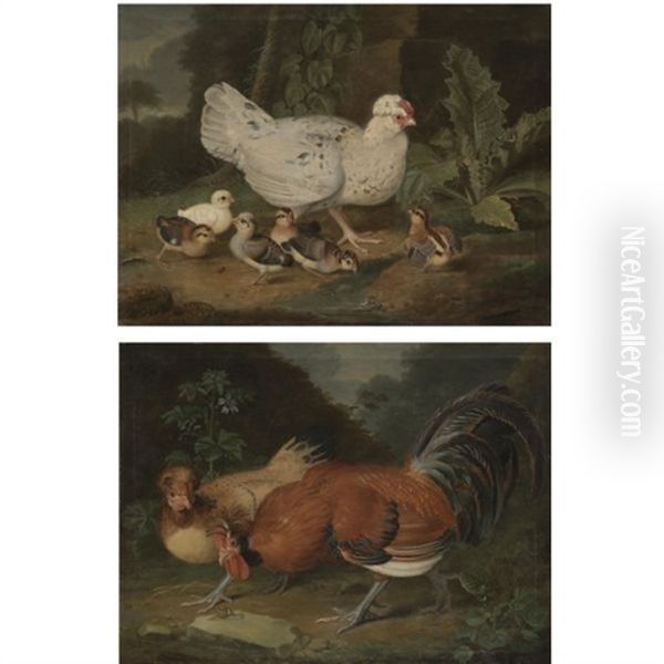 A Landscape With A Cockrel And A Hen (+ A Landscape With A Hen And Her Chicks; Pair) Oil Painting by Jacob Samuel Beck