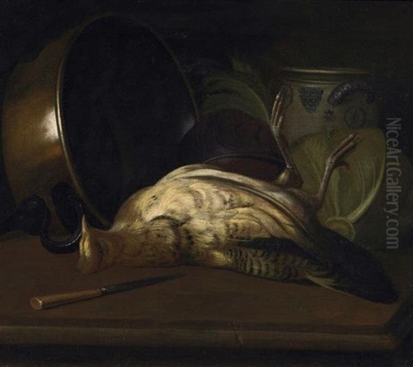 Stilleben Mit Kuchenutensilien, Kohl Und Erlegtem Wildvogel (+ Another, Similar; 2 Works) Oil Painting by Jacob Samuel Beck