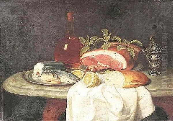 Stilleben Mit Grosem Schinken, Angeschnittenem Brot, Einer Aufgeschnittenen Zitrone, Fisch Auf Einer Zinnplatte Und Einer Flasche Wein Oil Painting by Jacob Samuel Beck