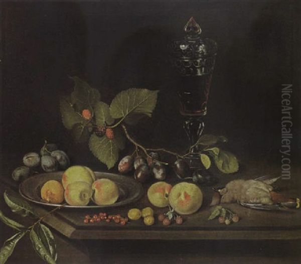 A Still Life Of Peaches And An Apricot On A Pewter Plate, Prunes, Raspberries, Red Currants, A Tit, Together With A Glass Cup Of Wine by Jacob Samuel Beck