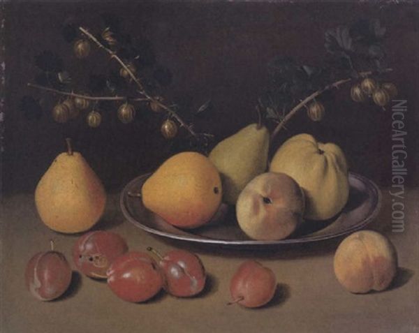 Still Life Of Pears, Apples And Gooseberries On A Platter Resting On A Ledge Scattered With Other Fruit Oil Painting by Jacob Samuel Beck