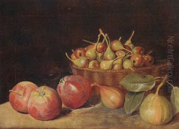 Still Life Of Crabapples In A Basket, Together With Apples And Pears, Upon A Stone Ledge Oil Painting by Jacob Samuel Beck