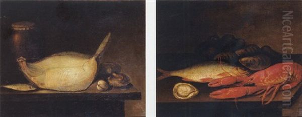 A Turbot, A Sardine, Oysters, Mussels And A Stone Ware Jug On A Stone Ledge Oil Painting by Jacob Samuel Beck