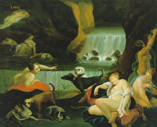 Diana Mit Ihren Nymphen Nach Der Jagd An Einem Wasserfall Ruhend Oil Painting by Jacob Samuel Beck