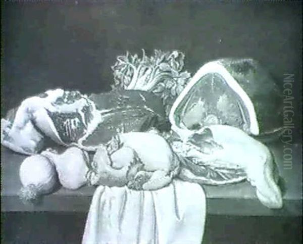 Still Life Of Meat And Poultry With Vegetables On A Table   Partly Draped With A White Cloth Oil Painting by Jacob Samuel Beck