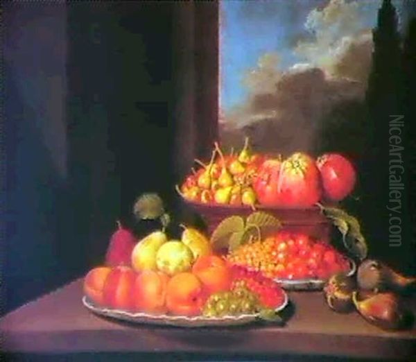 Still Life Of Apples And Pears In A Basket, Strawberries And Whitecurrants In A Dish, And Apricots, Pears, Gooseberries Oil Painting by Jacob Samuel Beck