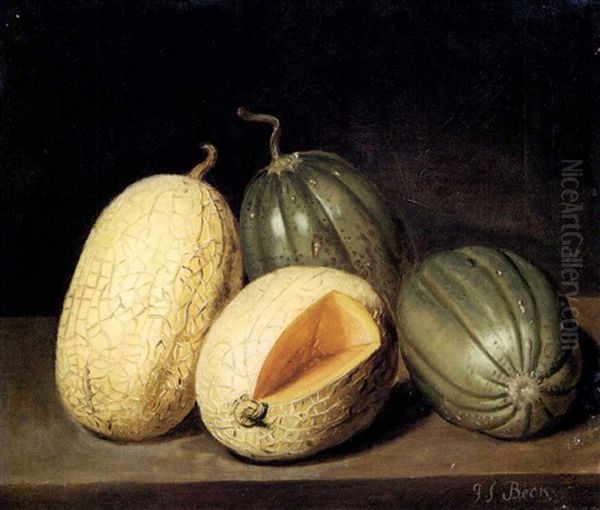 Melons On A Ledge. Oil Painting by Jacob Samuel Beck