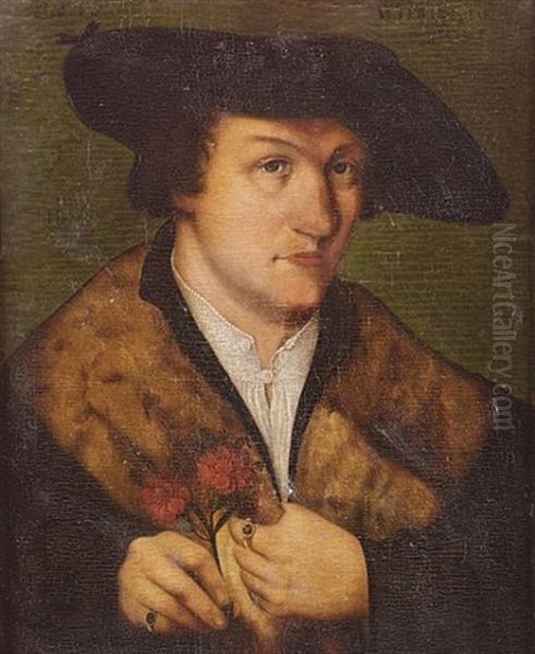 Portrait Of A Gentleman, In A Fur-trimmed Coat And Black Hat, Holding Two Carnations Oil Painting by Leonhard Beck