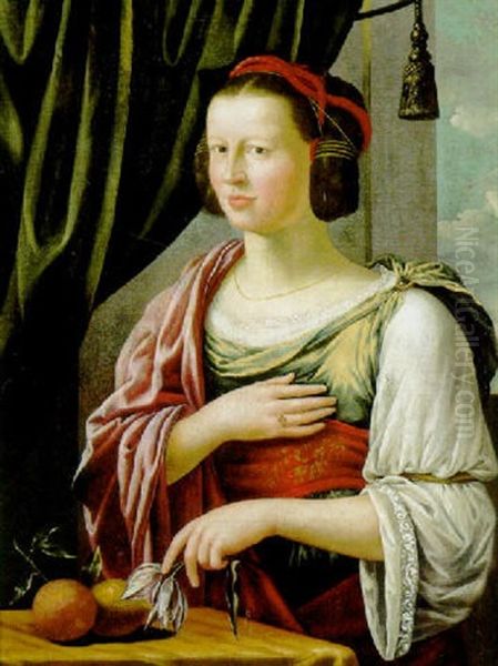 Portrait Of A Lady As Pomona, Standing By A Table On A Draped Terrace, Wearing Classical Costume Oil Painting by Leonhard Beck