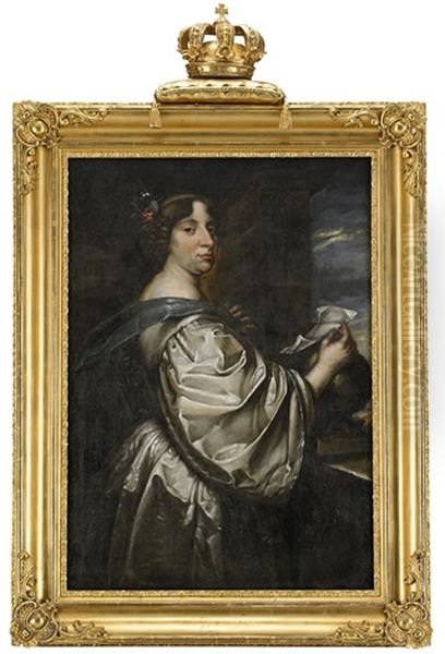 Portratt Av Drottning Kristina (1626-1689), Kladd I Vitt Atlassiden, Blommor I Haret, I Hoger Hand Hallandes Brev Vilande Pa Glob, I Vanster Hand Bla Sloja - Hoftbild Oil Painting by David Beck