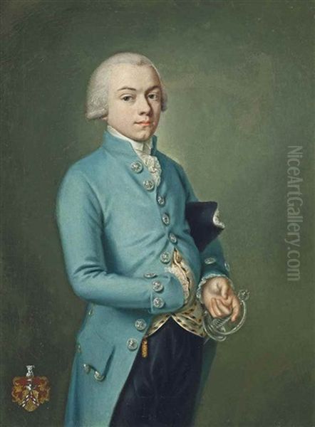 Portrait Of Engelbert Anton Cyriac Heereman Von Zuydtwyck (1769-1810), Small Three-quarter-length, In A Blue Coat, His Tricorn Under His Left Arm Oil Painting by Kaspar-Benedict Beckenkamp