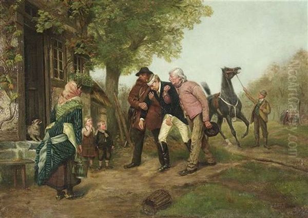 Nach Dem Reitunfall. Ein Verletzter Reiter Wird Zu Einem Bauernhaus Gebracht Oil Painting by Albert Becker