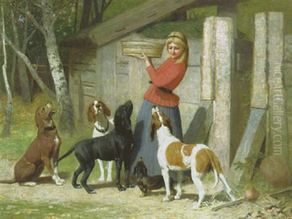 Waidmanns Tochterlein Futtert Die Jagdhunde Vor Dem Stall Oil Painting by Albert Becker