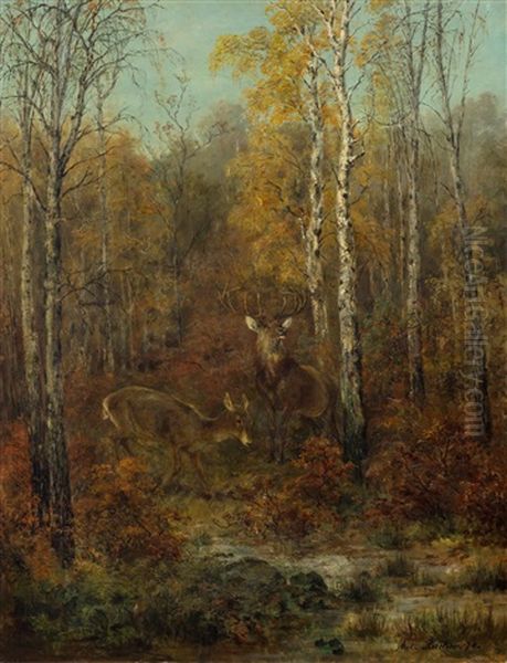 A Wooded Landscape With Deer Oil Painting by Anton Becker