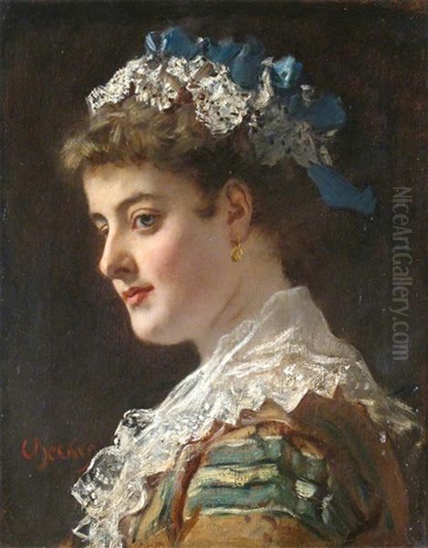 Portrait Of A Lady In A Lace Cap With Blue Ribbons Oil Painting by Carl Ludwig Friedrich Becker