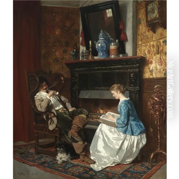 Junge Dame Am Kamin Sitzend Oil Painting by Carl Ludwig Friedrich Becker