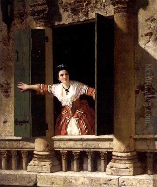 Frau Am Fenster Oil Painting by Carl Ludwig Friedrich Becker