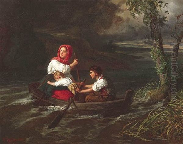 Flucht Vor Dem Gewitter. Drei Geschwister In Kleinem Ruderboot Bei Aufziehendem Gewitter Oil Painting by Carl Ludwig Friedrich Becker