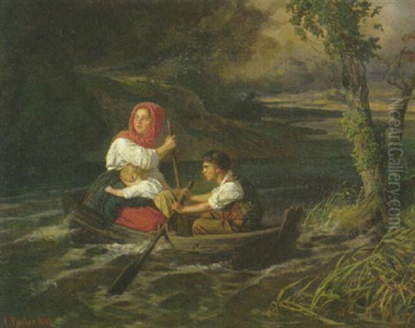 Flucht Vor Dem Gewitter: Drei Kinder Im Nachen Auf Dem See Oil Painting by Carl Ludwig Friedrich Becker