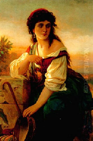 A Tambourine Girl Oil Painting by Carl Ludwig Friedrich Becker