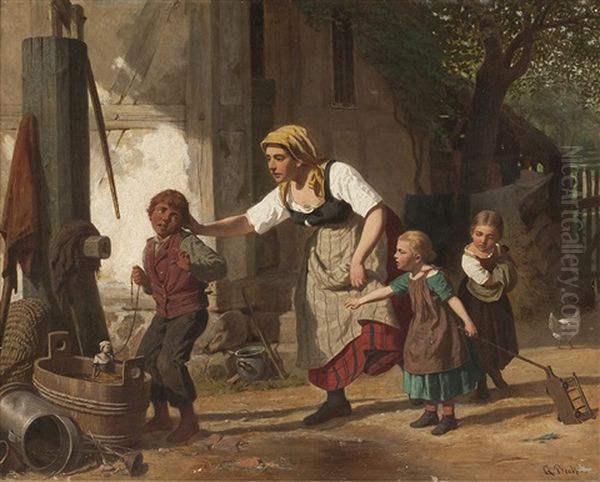 Ohne Titel (mutter Zieht Ihrem Jungen Das Ohr Wahrend Die Tochter Zusehen) Oil Painting by Ernst Albert Becker