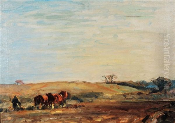 A Man Ploughing With Team Oil Painting by Harry Becker