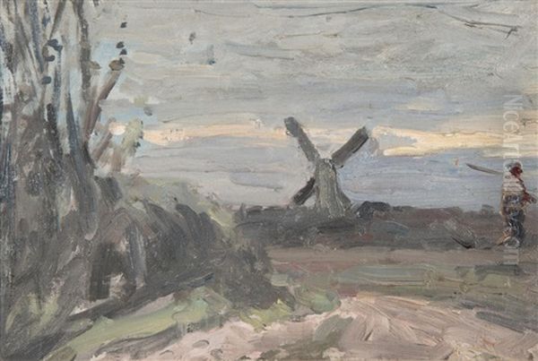 Landscape With Windmill And Farmworker Oil Painting by Harry Becker