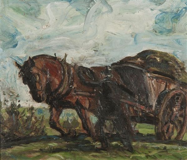 Horse And Cart Being Led By A Horseman Oil Painting by Harry Becker