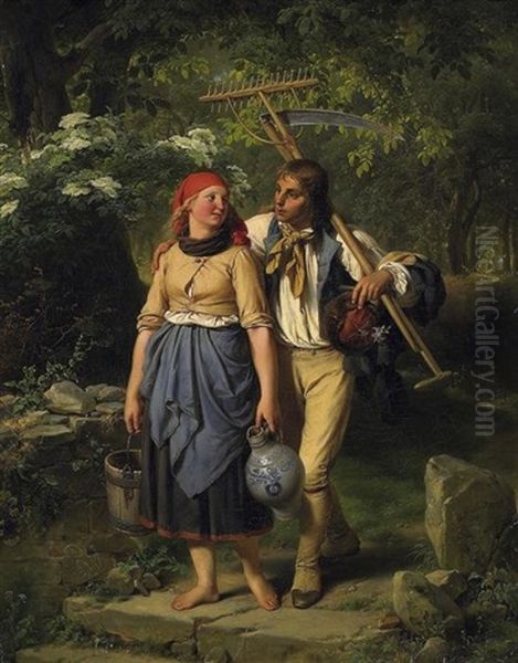 Junges Paar Bei Der Heimkehr Auf Einem Waldweg Oil Painting by Jakob (von Worms) Becker