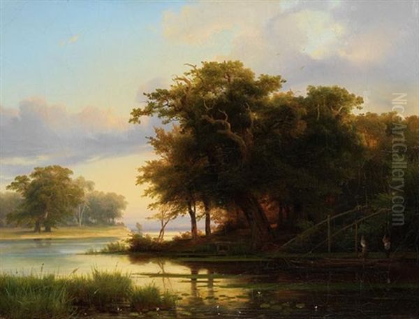 Niederrheinauen Mit Netzfischern Oil Painting by Jakob (von Worms) Becker