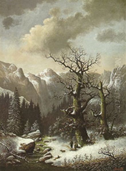 A Mountainous Winter Landscape With Hunters Resting By A Fire Oil Painting by Jakob (von Worms) Becker