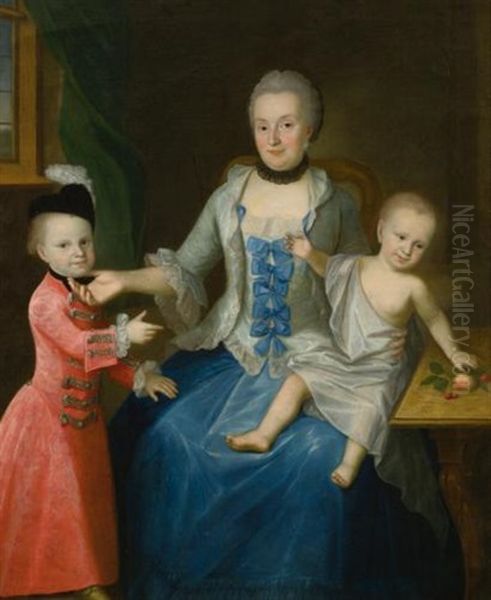 Portrait Of Fridericia Adolphina Countess Von Schlieben And Her Two Sons, Gotthelf Sigismund And Adolf Friedrich Oil Painting by Johann Gottlieb Becker