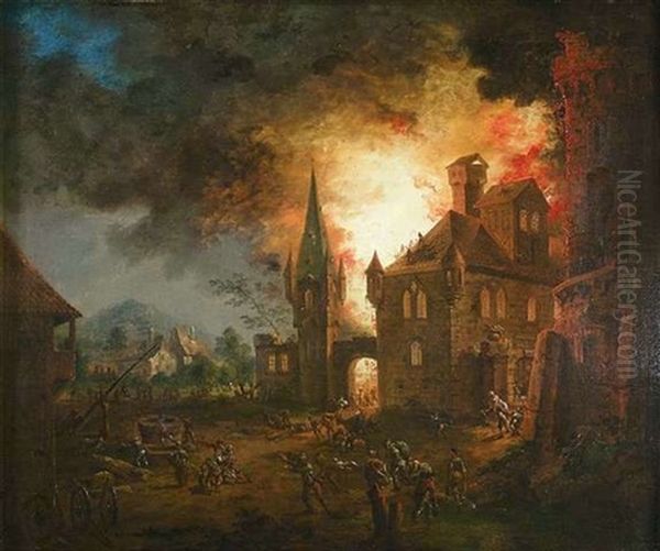 Feuersbrunst In Einem Kastell. Zahlreiches Volk Ist Mit Losch- Und Rettungsarbeiten Beschaftigt Oil Painting by Johann Wilhelm Becker