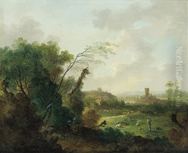 Bewaldete Landschaft Mit Einem Hirten Und Herde Oil Painting by Johann Wilhelm Becker