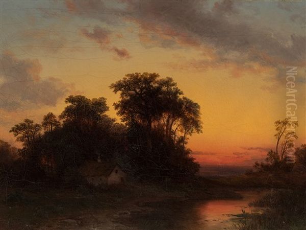 Landscape At Sunset Oil Painting by August Becker