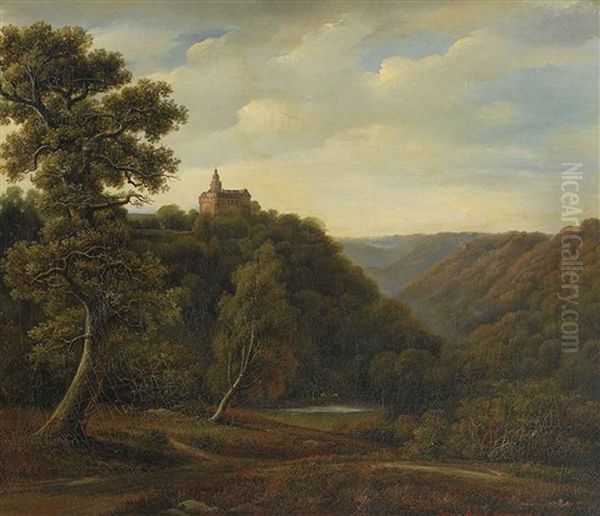 Waldlandschaft Mit Burghugel Oil Painting by August Becker