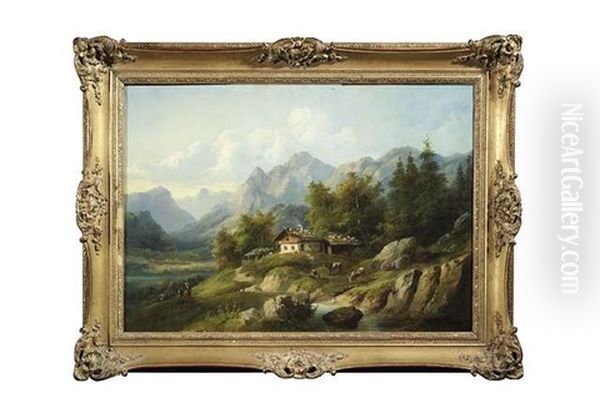 Blick Auf Das Kaisergebirge In Tirol. Im Vordergrund Wanderer An Einem Bergbauernhof Oil Painting by August Becker