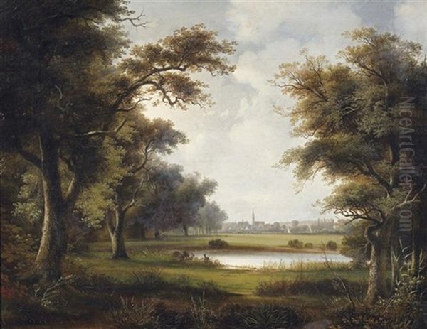 Rosslau Bei Dessau Vom Wallersee Aus Gesehen Oil Painting by August Becker