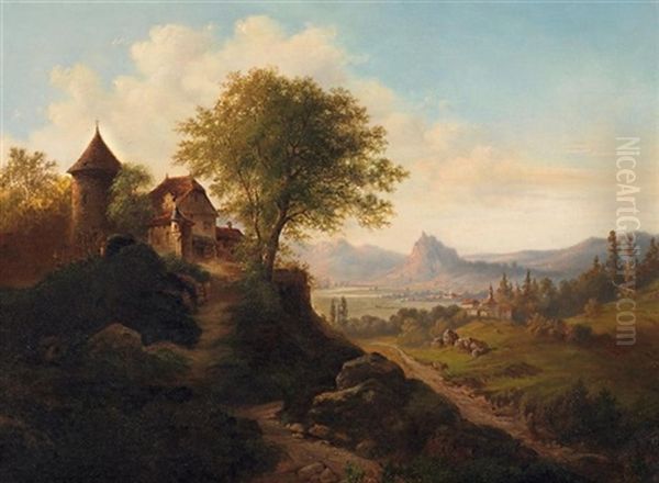 Sommerliche Fluslandschaft Mit Herrschaftlichem Anwesen Oil Painting by August Becker