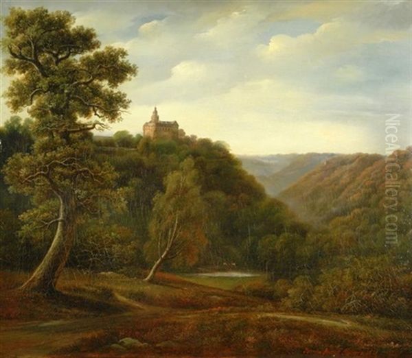 Romantisches Flustal. Blick Auf Bewaldete Hugel Mit Wehrhafter Schlosanlage Oil Painting by August Becker