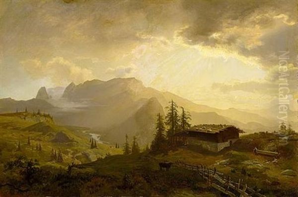 Early Morning In The Alps Oil Painting by August Becker