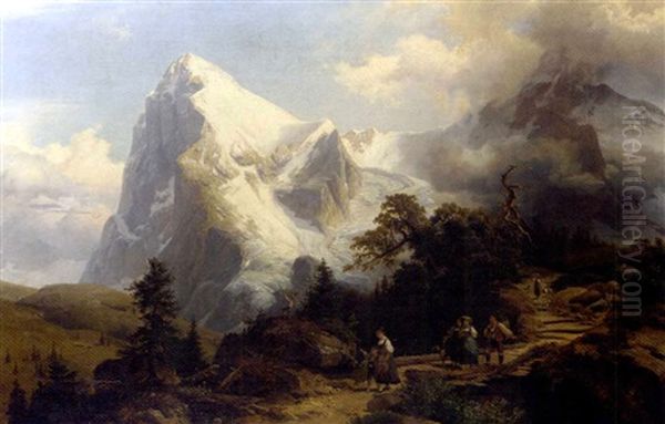 A View Of The Jungfrau And The Eiger, Switzerland Oil Painting by August Becker