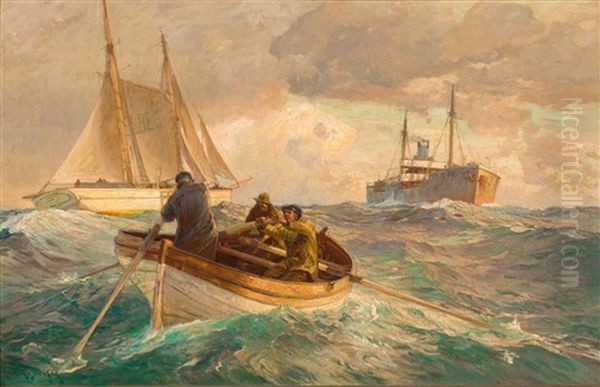 Dampfer, Segelschiff Und Ruderboot Auf Bewegter See Mit Sonnigem Lichteinfall Oil Painting by Carl Becker