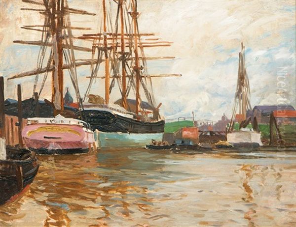 Tall Ships In The Port Of Glucksburg Oil Painting by Carl Becker