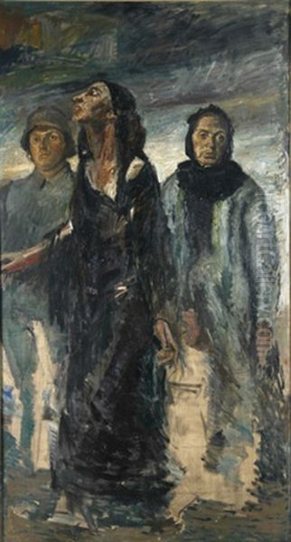 Szene Aus Dem 1 Weltkrieg Mit Einem Soldaten Und Zwei Frauen (study) Oil Painting by Karl-Johann Becker-Gundahl