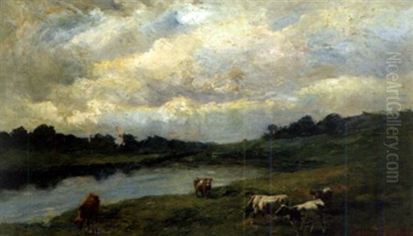 Landscape With Cows At A Pond by Maria A' Becket