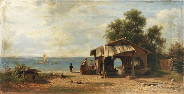 Uferstuck Am Starnberger See Mit Bootshaus Und Reicher Figurenstaffage An Einem Sommertag Oil Painting by Johann (Hans) Beckmann